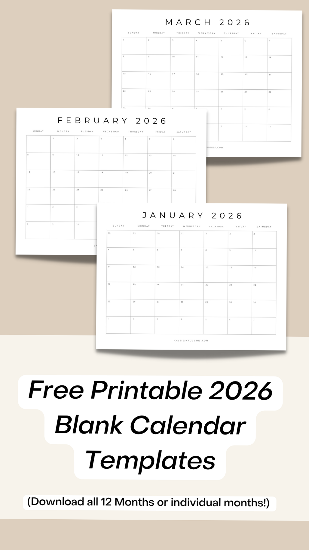🥂 💌 romanticize your routine: 2026 Blank Calendar Templates – 12 Months Free Printable