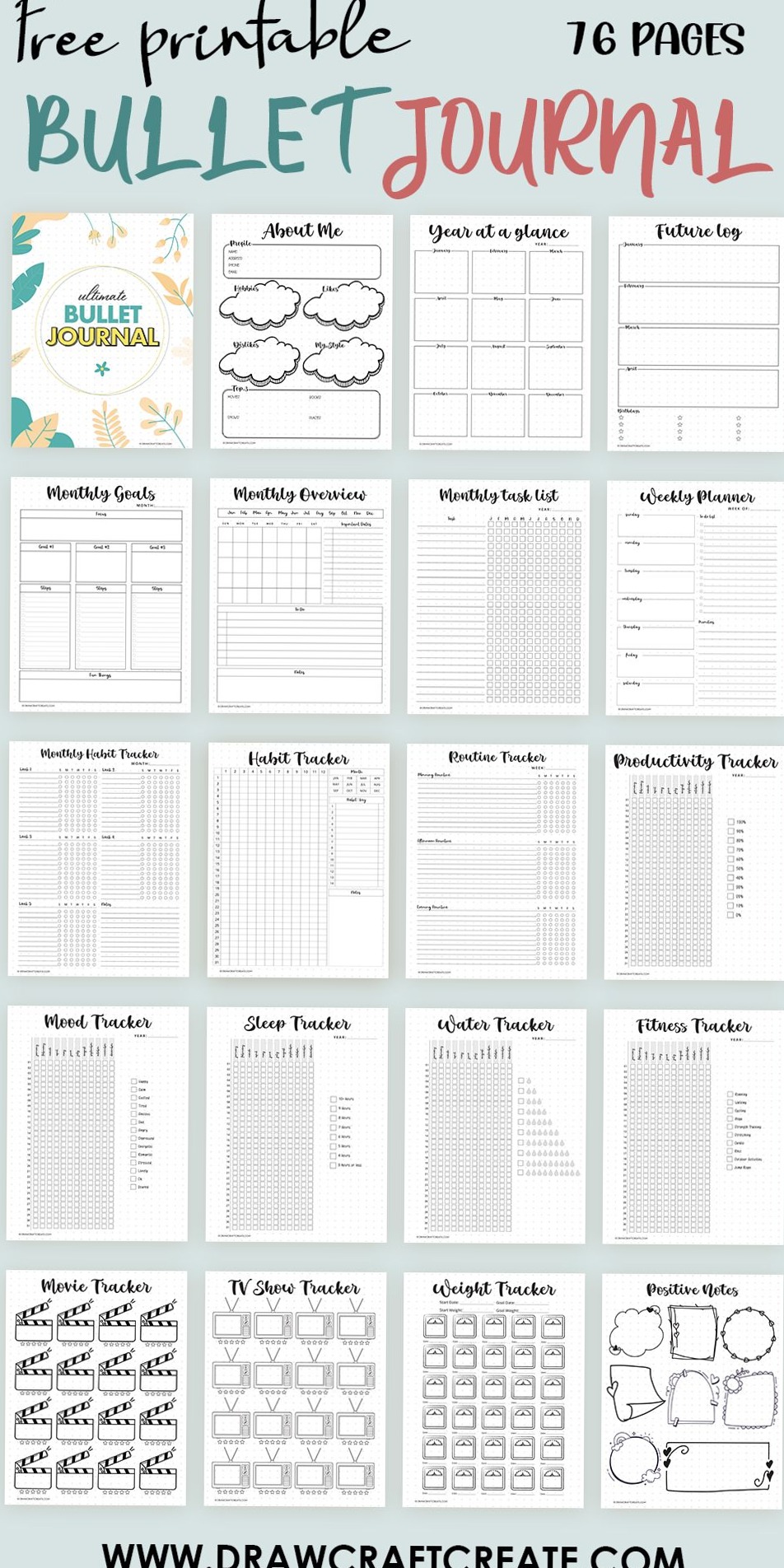 ☁️ ☁️ romanticize your routine: Free Printable Bullet Journal Templates (76 Pages)