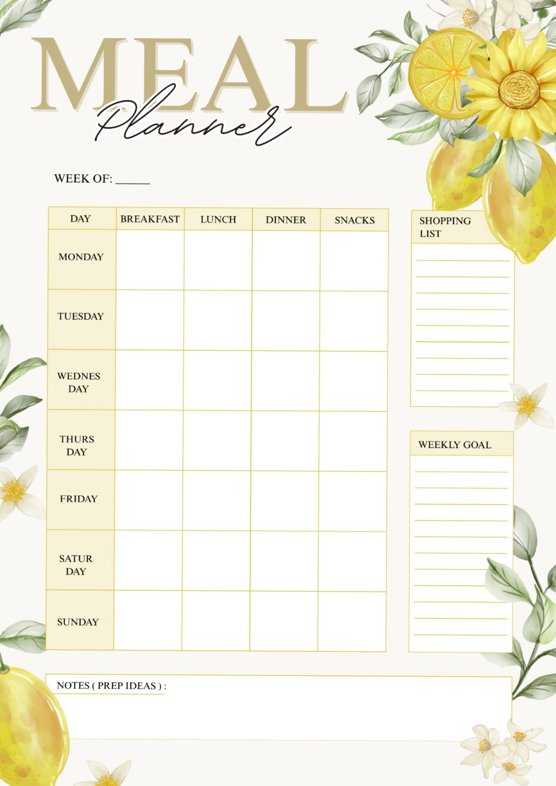 👰 💌 romanticize your routine: Lemon Botanical Weekly Meal Planner Aesthetic Meal Prep Printable