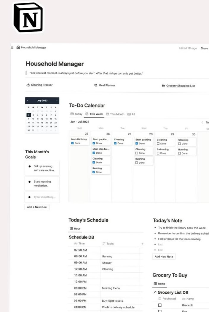 💌 💍 seamless organization hack: Simple Household Manager Notion Template Planner Meal Chore Chart Cleaning Checklist Schedule Mom