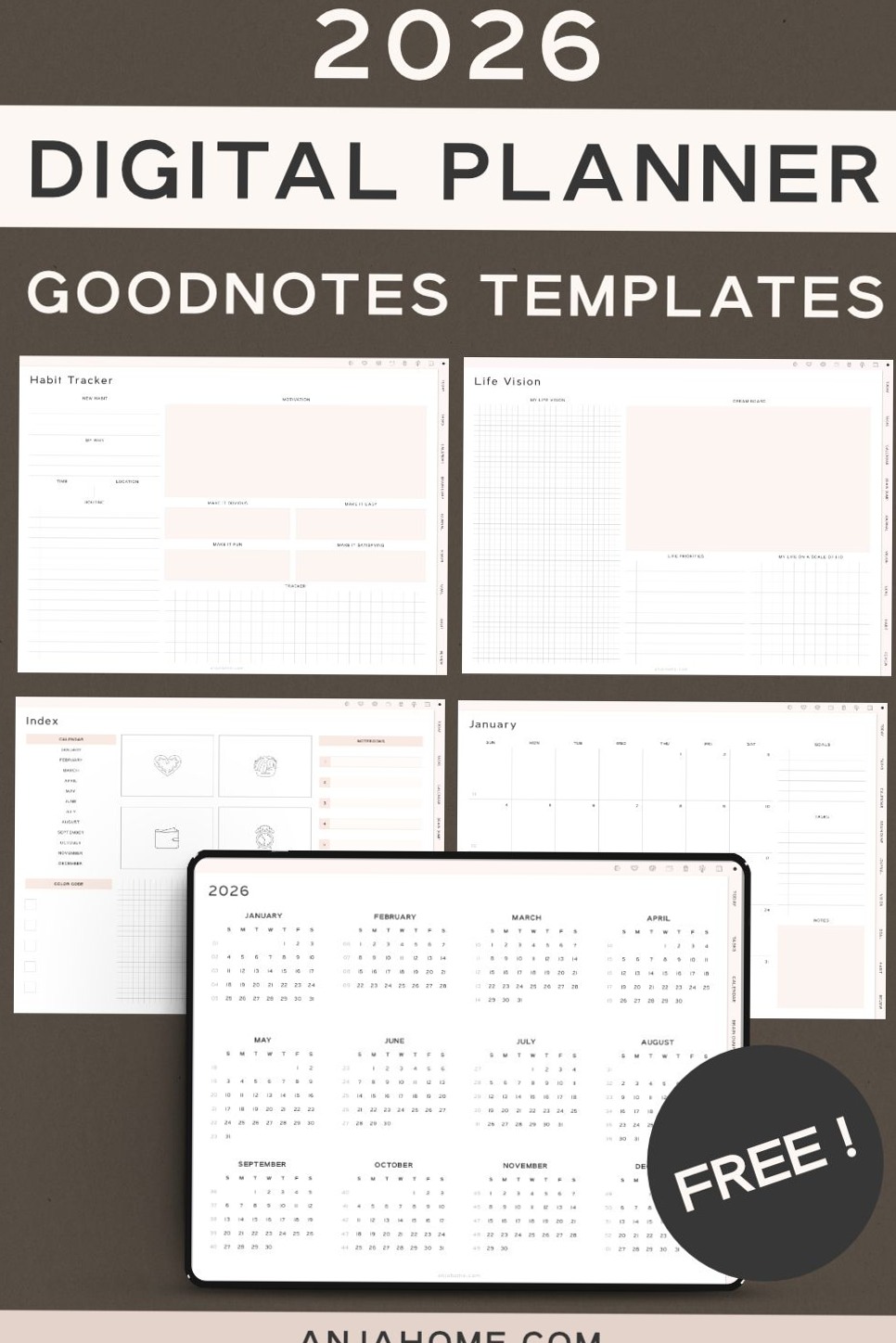 📝 📅 secret to staying productive: Free 2026 Digital Planner — Minimal GoodNotes Template by Anja Home