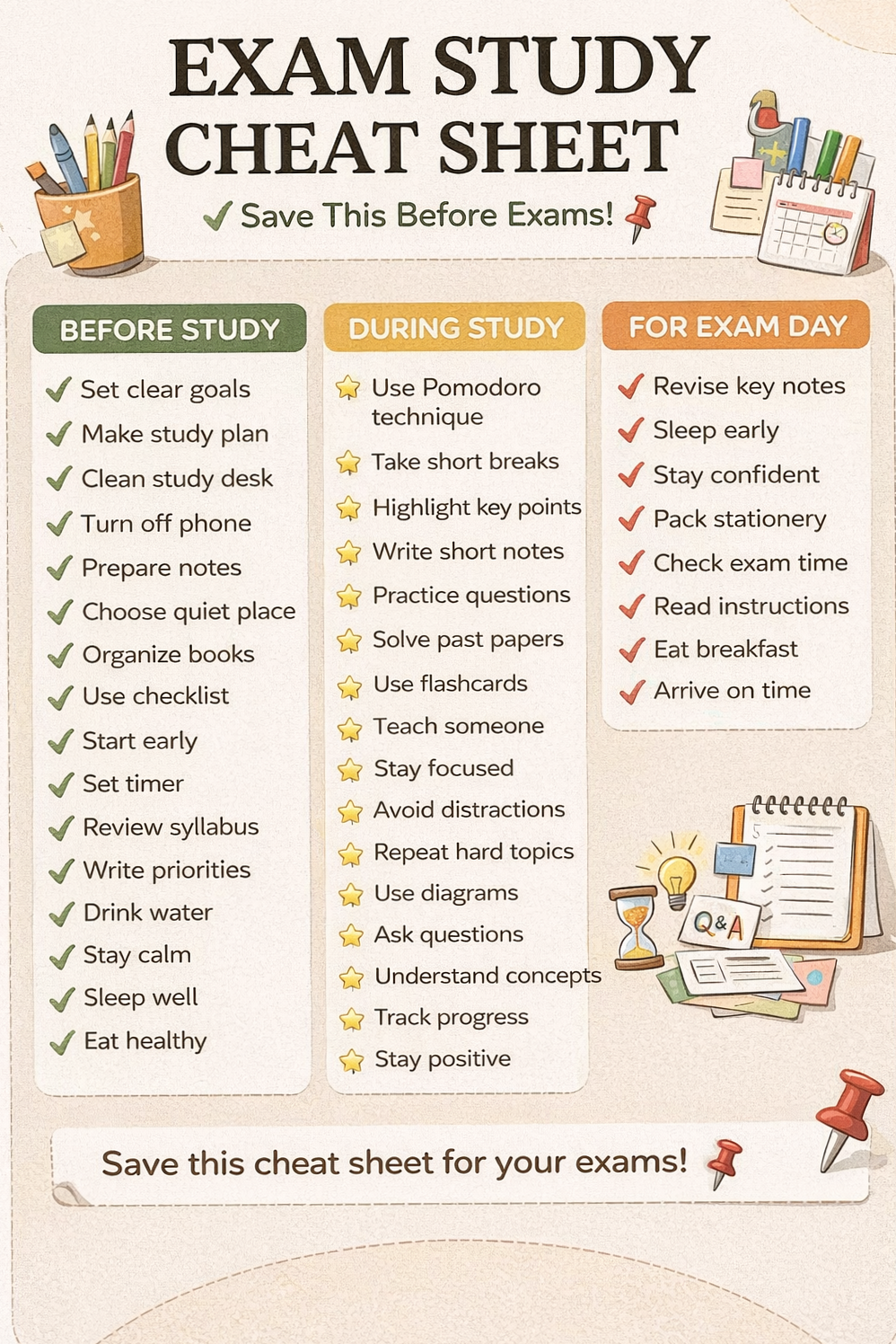 🤍 🌿 secret to staying productive: Exam Study Cheat Sheet | Save This Before Your Exams