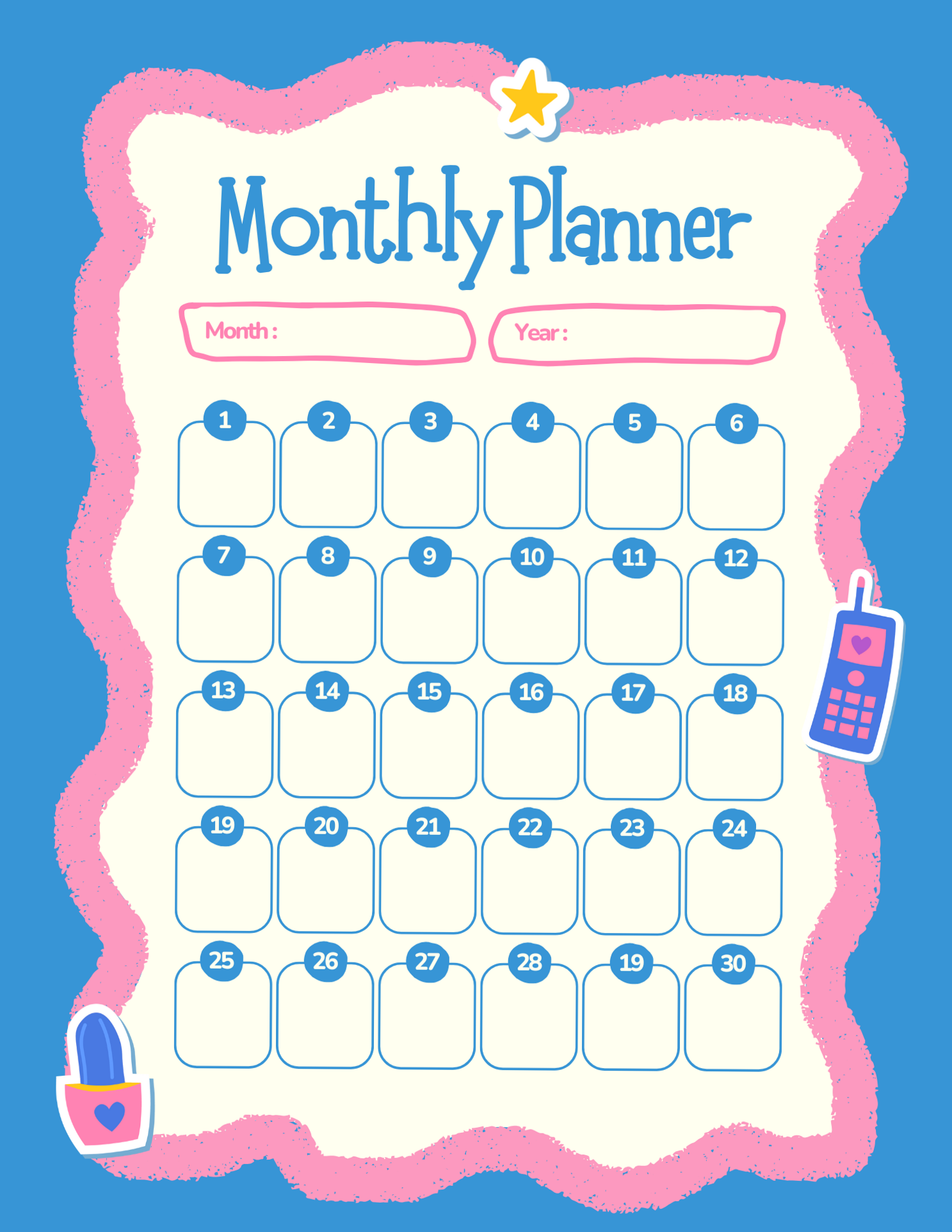 📊 📅 secret to staying productive: Blue Pink Ivory Playful Monthly Planner Design