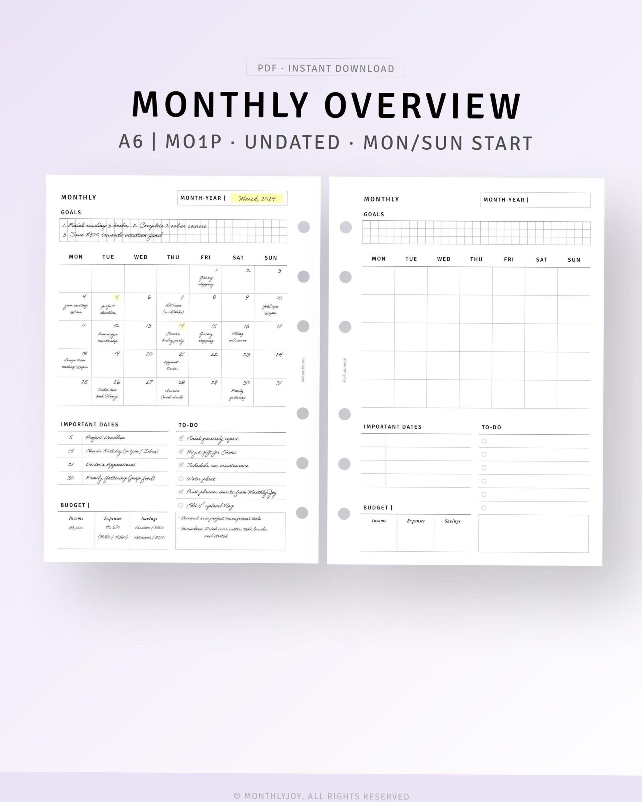 💎 🌈 secret to staying productive: Printable Monthly Planner Inserts for A6 & A5 Calendars