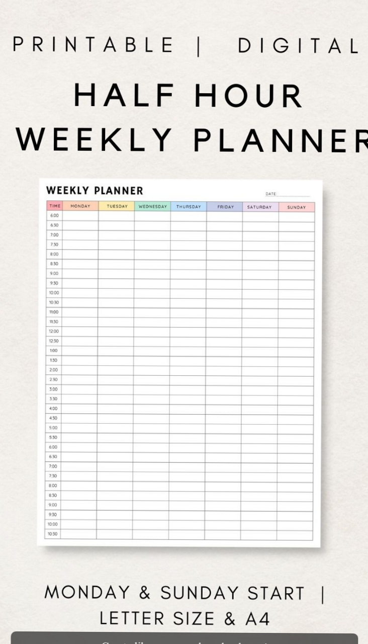 🪄 💎 secret to staying productive: Half Hour Weekly Planner Printable for Efficient Time Management