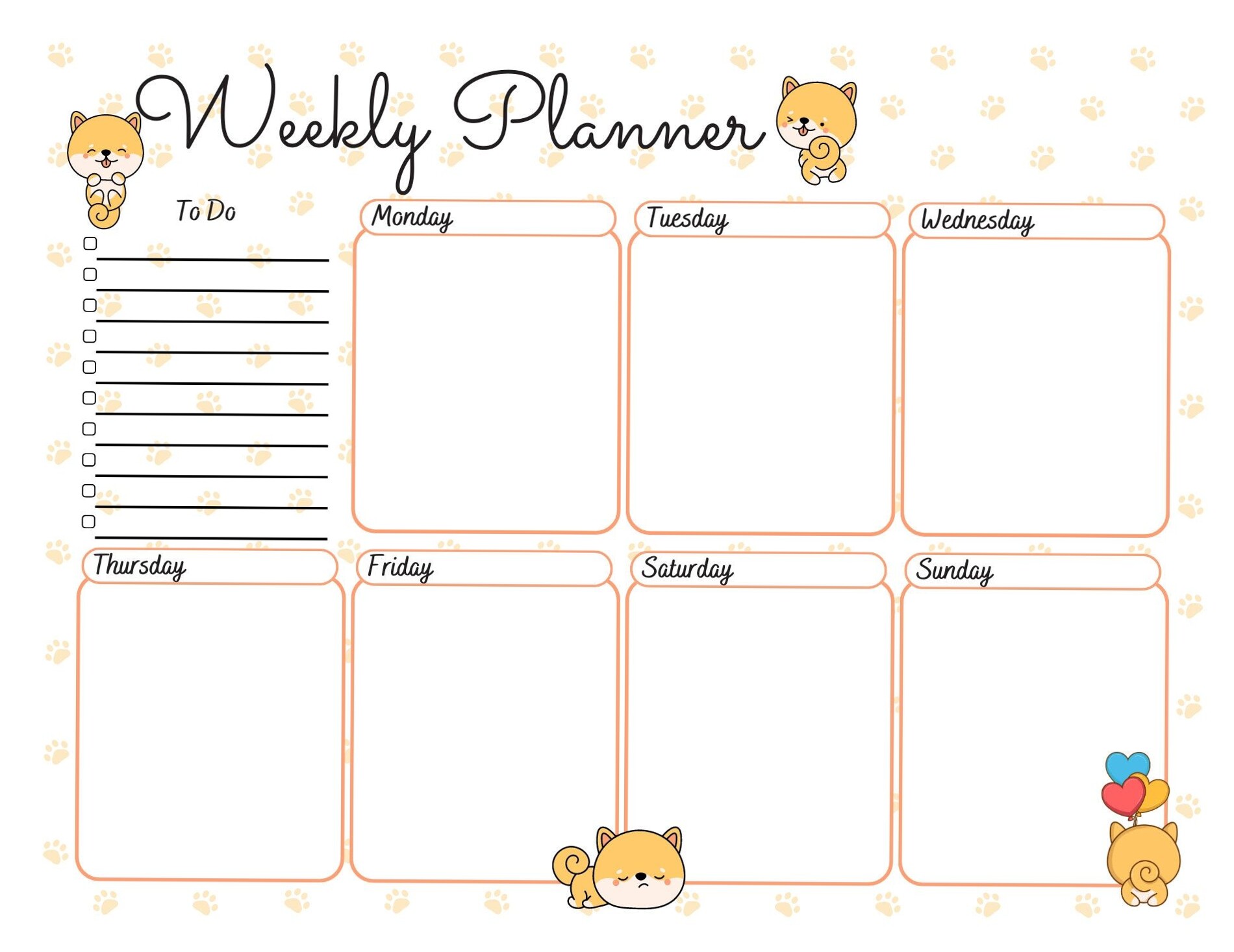 Shiba Inu Weekly Planner with Balloons — Cute Kawaii Printable To-Do List — 💎 🖌️ stay inspired all year long