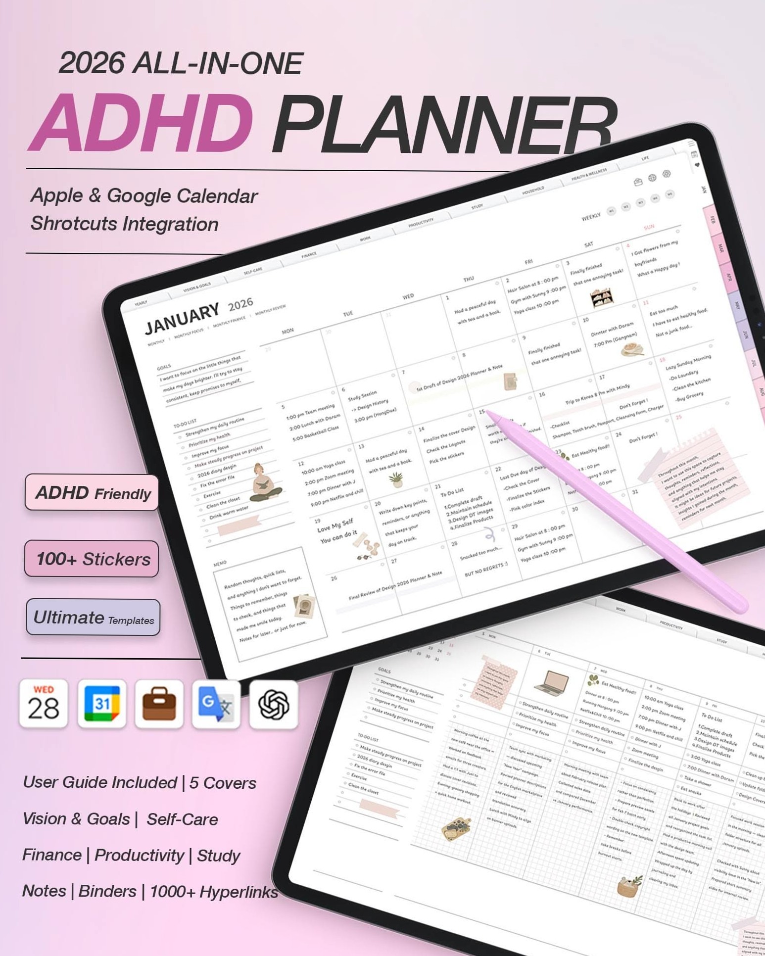 🌿 🌿 stay inspired all year long: 2026 ADHD Planner Pink Digital Weekly Template