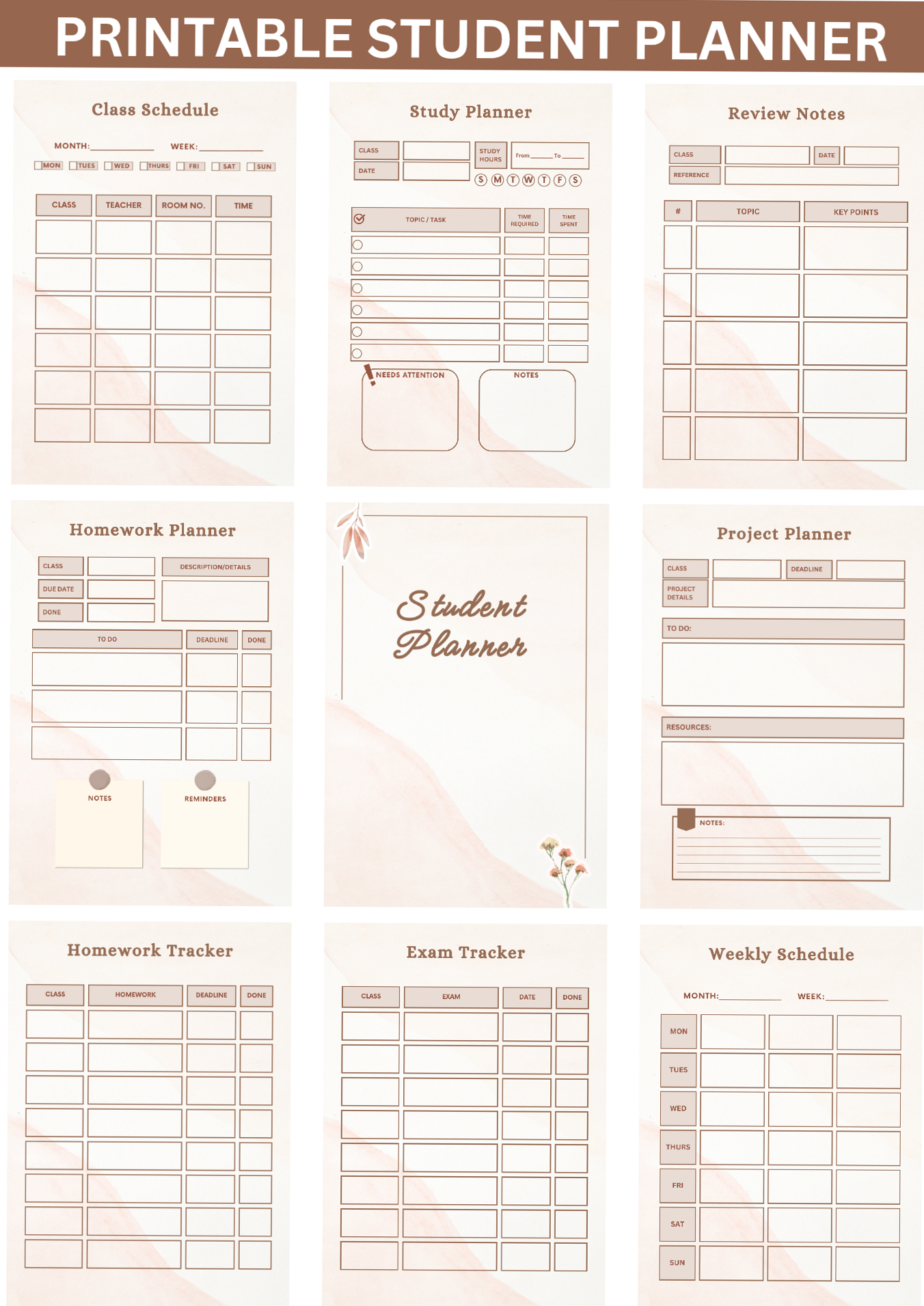 🕯️ ✨ Student Planner | Beige Brown | Printable Study Planner | Class & Homework Tracker | seamless organization hack