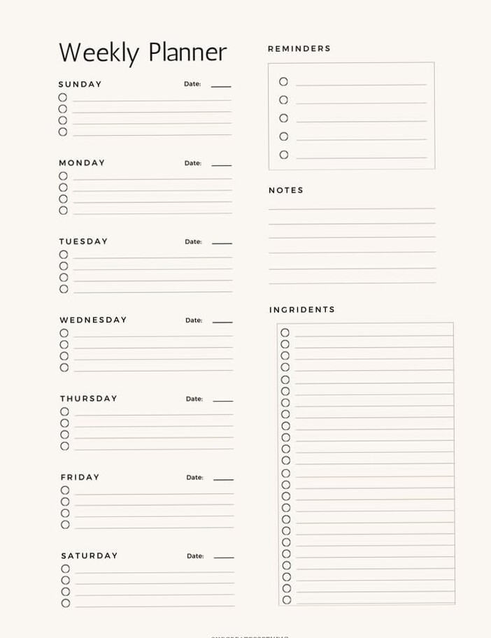Weekly Planner Template — Printable with Reminders, Notes, & Ingredients Sections | Instant Download — 📌 📝 romanticize your routine